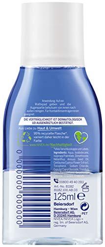 Nivea Removedor de maquillaje de ojos de doble efecto, 125 ml, removedor de maquillaje para áreas sensibles de los ojos, limpiador facial elimina el maquillaje extremadamente impermeable