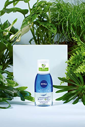 Nivea Removedor de maquillaje de ojos de doble efecto, 125 ml, removedor de maquillaje para áreas sensibles de los ojos, limpiador facial elimina el maquillaje extremadamente impermeable