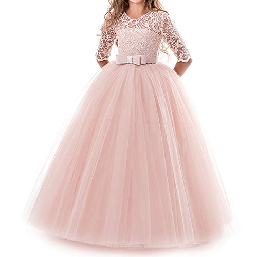 NNJXD Chicas Pompa Bordado Vestido de Bola Princesa Boda Vestir Talla(140) 8-9 años 378 Rosa-A