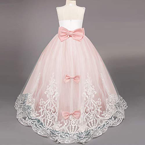 NNJXD Niñas Bordado De Encaje Flor De La Boda Fiesta De Cumpleaños Princesa Vestido de Cola Larga Tamaño (130) 6-7 años 406 Rosa-A