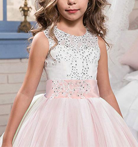 NNJXD Niñas Bordado De Encaje Flor De La Boda Fiesta De Cumpleaños Princesa Vestido de Cola Larga Tamaño (130) 6-7 años 406 Rosa-A