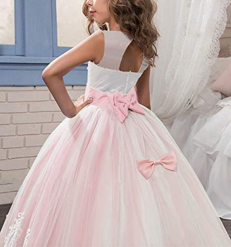 NNJXD Niñas Bordado De Encaje Flor De La Boda Fiesta De Cumpleaños Princesa Vestido de Cola Larga Tamaño (130) 6-7 años 406 Rosa-A
