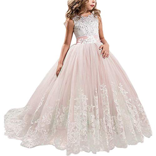 NNJXD Niñas Bordado De Encaje Flor De La Boda Fiesta De Cumpleaños Princesa Vestido de Cola Larga Tamaño (130) 6-7 años 406 Rosa-A