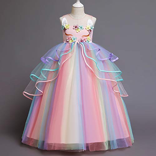 NNJXD Vestido de Unicornio para Niña Fiesta de Navidad de Halloween Disfraz de Cosplay Tamaño (140) 7-8 años 719 Rosa-A