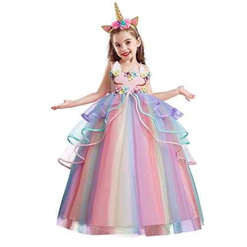 NNJXD Vestido de Unicornio para Niña Fiesta de Navidad de Halloween Disfraz de Cosplay Tamaño (140) 7-8 años 719 Rosa-A