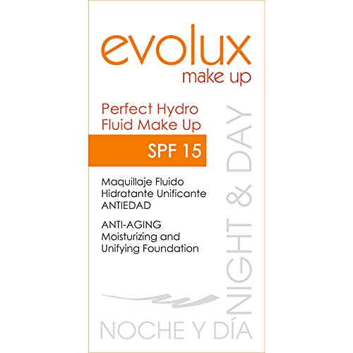 Noche y Día Evolux By Night and Day Perfect Hidro Fluid Make Up SPF 15 35 ml. Maquillaje Fluido Hidratante Unificador, Pack de 1