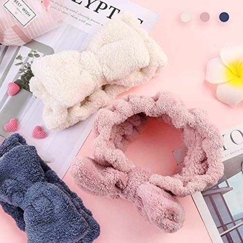 NOCHME Cinta Para el Pelo con Lazo Para Mujeres Y Niñas,suave y Elástica Bowknot Coral Banda Sudor Cabeza Para Lavar La Cara ,maquillaje, Spa, Ducha, Yoga, Deporte, Belleza, Azul, Rosa y Blanco
