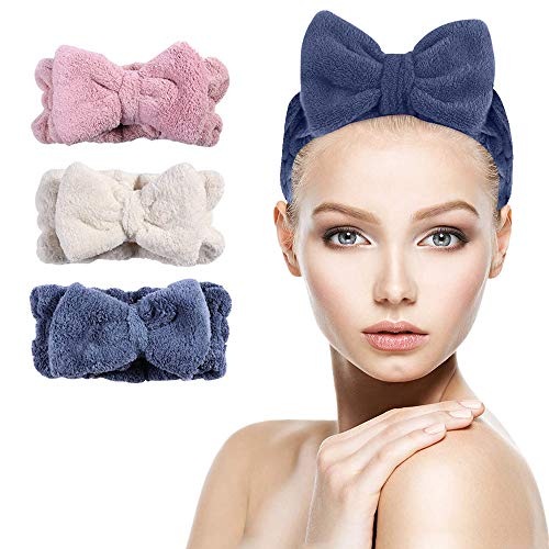 NOCHME Cinta Para el Pelo con Lazo Para Mujeres Y Niñas,suave y Elástica Bowknot Coral Banda Sudor Cabeza Para Lavar La Cara ,maquillaje, Spa, Ducha, Yoga, Deporte, Belleza, Azul, Rosa y Blanco