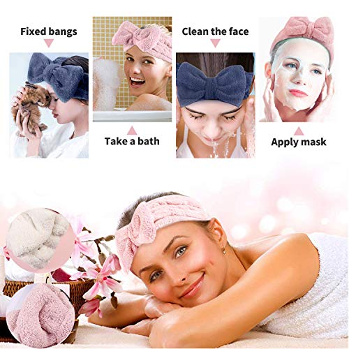 NOCHME Cinta Para el Pelo con Lazo Para Mujeres Y Niñas,suave y Elástica Bowknot Coral Banda Sudor Cabeza Para Lavar La Cara ,maquillaje, Spa, Ducha, Yoga, Deporte, Belleza, Azul, Rosa y Blanco
