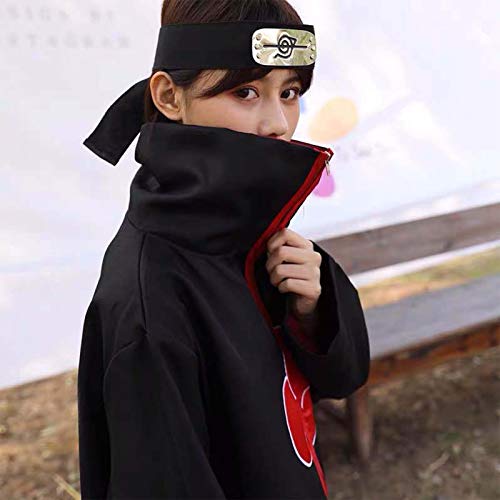 Noe 4 Piezas Set Disfraz de Itachi Uchiha (Akatsuki) Cosplay Capa Larga de Akatsuki Diadema de Leaf Village Anillo de Akatsuki y Collar (XL)