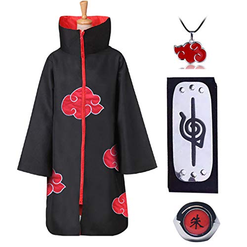 Noe 4 Piezas Set Disfraz de Itachi Uchiha (Akatsuki) Cosplay Capa Larga de Akatsuki Diadema de Leaf Village Anillo de Akatsuki y Collar (XL)