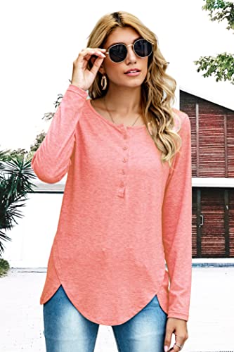NONSAR Camiseta de manga larga para mujer, estilo informal elegante, para el tiempo libre, con botones, Rosa., M