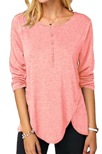 NONSAR Camiseta de manga larga para mujer, estilo informal elegante, para el tiempo libre, con botones, Rosa., M