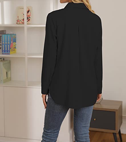 NONSAR Elegante blusa informal para mujer con cuello en V, manga larga y botones, estilo casual y de vestir, corte suelto, color liso, Negro , XL