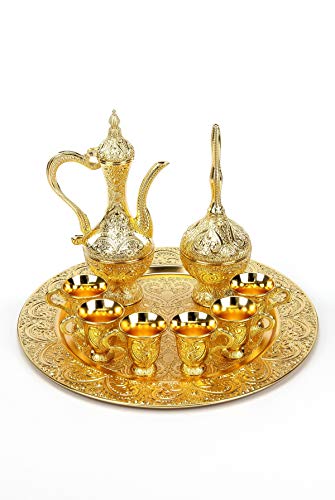 Nostalgic Turco Zamzam - Juego de 6 platos con bandeja y jarra y botella de colonia, decoración islámica turca, decoración del hogar, regalos islámicos perfectos, color: oro/mod 2