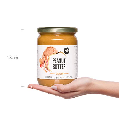 nu3 Mantequilla de cacahuete crujiente - Peanut butter crunchy vegetariana sin azúcar - 500 g de crema de cacahuete pura - 100% maní fresco sin sal o aceite de palma - 28% de proteína vegana