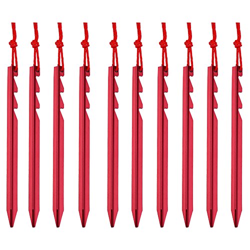 Nuzamas Tente de camping Piquets Lot de (10) 17,8 cm (18 cm) – ultraléger et Heavy Duty 7001 Aluminium – 3 points de Guy – Rouge avec sac de rangement