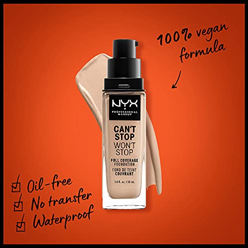 NYX Professional Makeup Base de maquillaje Can't Stop Won't Stop Full Coverage Foundation, Larga duración, Waterproof, Fórmula vegana, Acabado mate, Tono: Light Ivory
