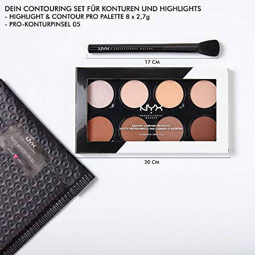 NYX Professional Makeup Set de Contouring, Highlight and Contour Pro Palette con Brocha para Maquillaje Pro Contour Brush, Ocho Tonos para Contornear Mates y Perlados Combinables