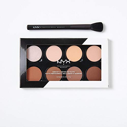 NYX Professional Makeup Set de Contouring, Highlight and Contour Pro Palette con Brocha para Maquillaje Pro Contour Brush, Ocho Tonos para Contornear Mates y Perlados Combinables