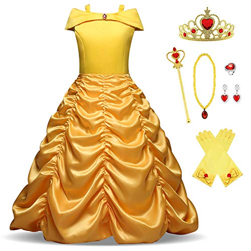 O.AMBW Cosplay Simbólico Vestido Amarillo de Princesa Belle de la Bella y la Bestia Disfraz de Princesa para Niña con Accesorios Gratuitos para Carnaval Navidad Año Nuevo