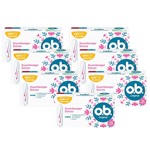 o.b. - Tampón original normal, para días medianos a fuertes, protección fiable, con tecnología Staydy, 7 x 32 unidades, Blanco