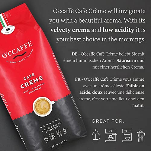 O'CCAFFE' – Café Crème | 1 kg de granos enteros | café crema bajo en acidez y aromático | tostado extra lento de tambor de un negocio familiar italiano