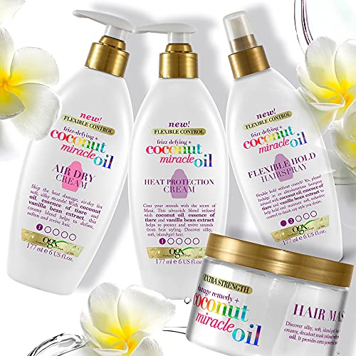 OGX Aceite de Coco Milagroso, Crema de Protección Térmica, Fortalece, Protege, Aceite de Coco, Esencia de Tiaré, Aceite Vainilla, 177 ml