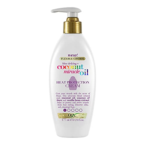 OGX Aceite de Coco Milagroso, Crema de Protección Térmica, Fortalece, Protege, Aceite de Coco, Esencia de Tiaré, Aceite Vainilla, 177 ml