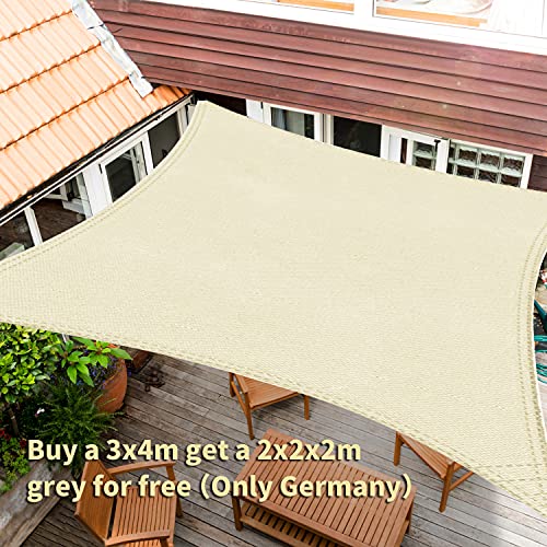 OKAWADACH Toldo Vela de Sombra Rectángulo 3 x 4m, Vela de Sombra Protección UV para Patio, Exteriores, Jardín, Beige Claro