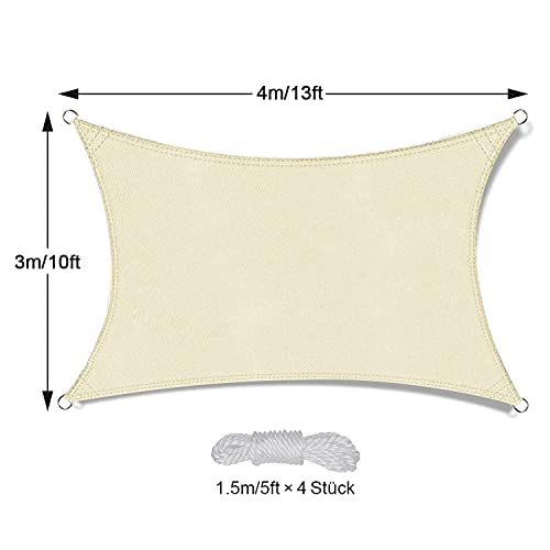 OKAWADACH Toldo Vela de Sombra Rectángulo 3 x 4m, Vela de Sombra Protección UV para Patio, Exteriores, Jardín, Beige Claro