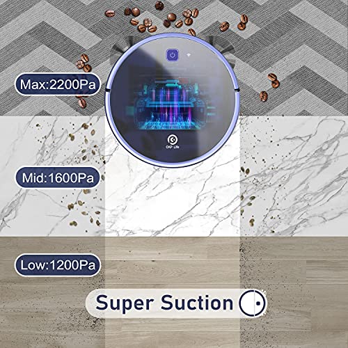 OKP Robot Aspirador y Fregasuelos Tecnología Freemove 3.0 Super Suction 2200Pa, Friega, Aspira, Barre y Pasa la mopa, Adecuada para Pelo de Animales, alfombras y Suelos Duros, 4 Cleaning Modos K7