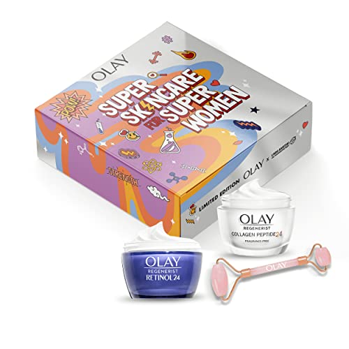 Olay Set De Regalo Con Caja Y Face Roller Gratis, Collagen Peptides 24 Crema De Día + Retinol Crema de Noche Para Una Piel Radiante Y Suave, Con Niacinamida, Péptidos De Colágeno Y Complejo Retinoide