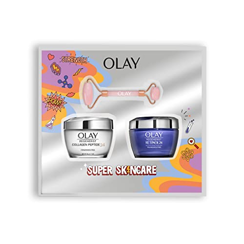 Olay Set De Regalo Con Caja Y Face Roller Gratis, Collagen Peptides 24 Crema De Día + Retinol Crema de Noche Para Una Piel Radiante Y Suave, Con Niacinamida, Péptidos De Colágeno Y Complejo Retinoide