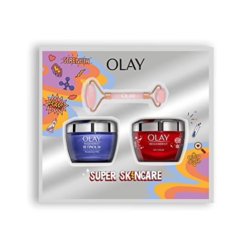 Olay Set De Regalo Con Caja Y Face Roller Gratis, Regenerist Crema De Día + Retinol Crema de Noche Para Una Piel Renovada Y Radiante, Con Niacinamida, Péptidos Y Complejo Retinoide
