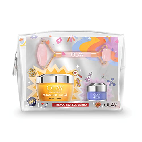 Olay Set De Regalo Con Neceser Y Face Roller Gratis, Regenerist Gel Crema De Día Vitamin C + AHA24 50ml Y Retinol Crema de Noche Con Niacinamida, Péptidos Y Complejo Retinoide 15ml