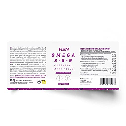 Omega 3 6 9 de HSN | 120 Perlas de Aceite de Pescado, Onagra y Lino | Ácidos Grasos Esenciales: Linolénico + Linoleico + Oleico | Con Vitamina E | No-GMO, Sin Gluten ni Lactosa