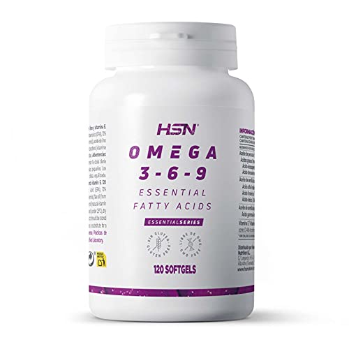Omega 3 6 9 de HSN | 120 Perlas de Aceite de Pescado, Onagra y Lino | Ácidos Grasos Esenciales: Linolénico + Linoleico + Oleico | Con Vitamina E | No-GMO, Sin Gluten ni Lactosa