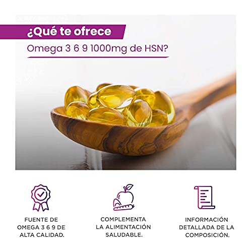 Omega 3 6 9 de HSN | 120 Perlas de Aceite de Pescado, Onagra y Lino | Ácidos Grasos Esenciales: Linolénico + Linoleico + Oleico | Con Vitamina E | No-GMO, Sin Gluten ni Lactosa