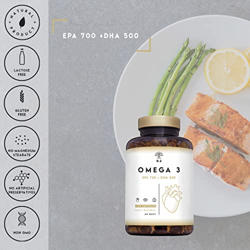 Omega 3 + Vitamina E 2000mg, 700mg EPA, 500mg DHA. Aceite de Pescado.Regula el Colesterol, Favorece la Vista, Corazón y Cerebro Saludables. Libre de Metales Pesados.120 Cápsulas.N2 Natural Nutrition