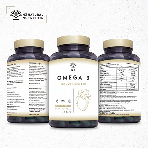 Omega 3 + Vitamina E 2000mg, 700mg EPA, 500mg DHA. Aceite de Pescado.Regula el Colesterol, Favorece la Vista, Corazón y Cerebro Saludables. Libre de Metales Pesados.120 Cápsulas.N2 Natural Nutrition