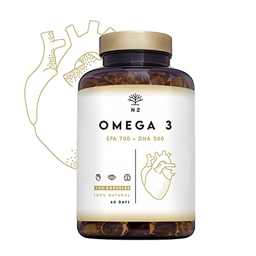 Omega 3 + Vitamina E 2000mg, 700mg EPA, 500mg DHA. Aceite de Pescado.Regula el Colesterol, Favorece la Vista, Corazón y Cerebro Saludables. Libre de Metales Pesados.120 Cápsulas.N2 Natural Nutrition