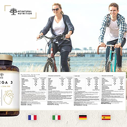 Omega 3 + Vitamina E 2000mg, 700mg EPA, 500mg DHA. Aceite de Pescado.Regula el Colesterol, Favorece la Vista, Corazón y Cerebro Saludables. Libre de Metales Pesados.120 Cápsulas.N2 Natural Nutrition