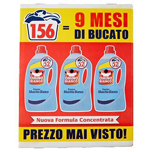 Omino Bianco Detergente líquido para lavadora, aroma fresco con esencia de almizcle blanco, 156 lavados, 2600 ml x 3 paquetes