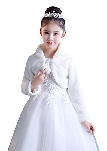 Ommda Princesa de Niña Cárdigan Chal de Piel Sintética Chaquetilla de Bolero niña Fiesta de Flor Capa de Princesa Accesorios de Vestido con Manga Larga,Blanco,S (3-5años)