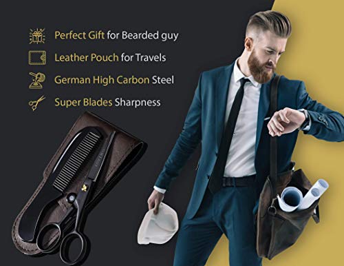 ONTAKI tijeras profesionales de acero alemán para barba y bigote, forjadas a mano y con bolsa de transporte, con borde biselado perfecto para el cabello facial (plata) 12,7 cm