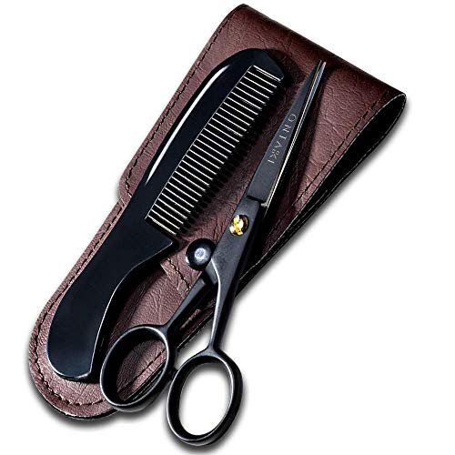 ONTAKI tijeras profesionales de acero alemán para barba y bigote, forjadas a mano y con bolsa de transporte, con borde biselado perfecto para el cabello facial (plata) 12,7 cm