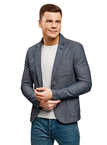 oodji Ultra Hombre Chaqueta de Tejido Texturizado con Bolsillos de Parche, Azul, 46