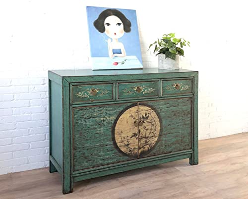 OPIUM OUTLET Conjunto de muebles chinos Aurora, muebles asiáticos para dormitorio Shabby Chic Vintage verde esmeralda, cómoda, armario y 2 mesitas de noche orientales asiáticos