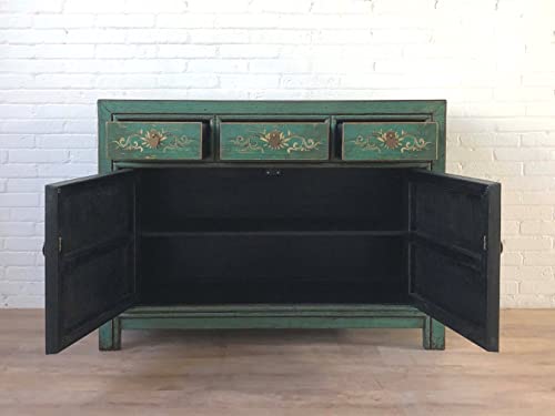 OPIUM OUTLET Conjunto de muebles chinos Aurora, muebles asiáticos para dormitorio Shabby Chic Vintage verde esmeralda, cómoda, armario y 2 mesitas de noche orientales asiáticos